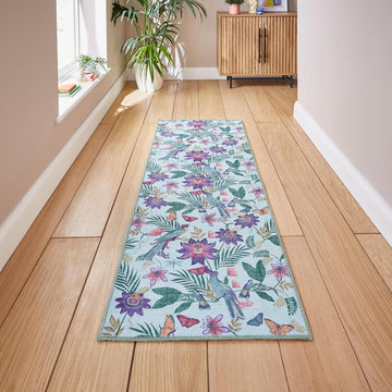 Washable Catherine Lansfield Amaya Tropical Birds Lightweight Printed Polyester Sky Blue/Purple/Green/Multicolour Flatweave Runner-Think Rugs-Rug Love - The Most Loved Rug Store